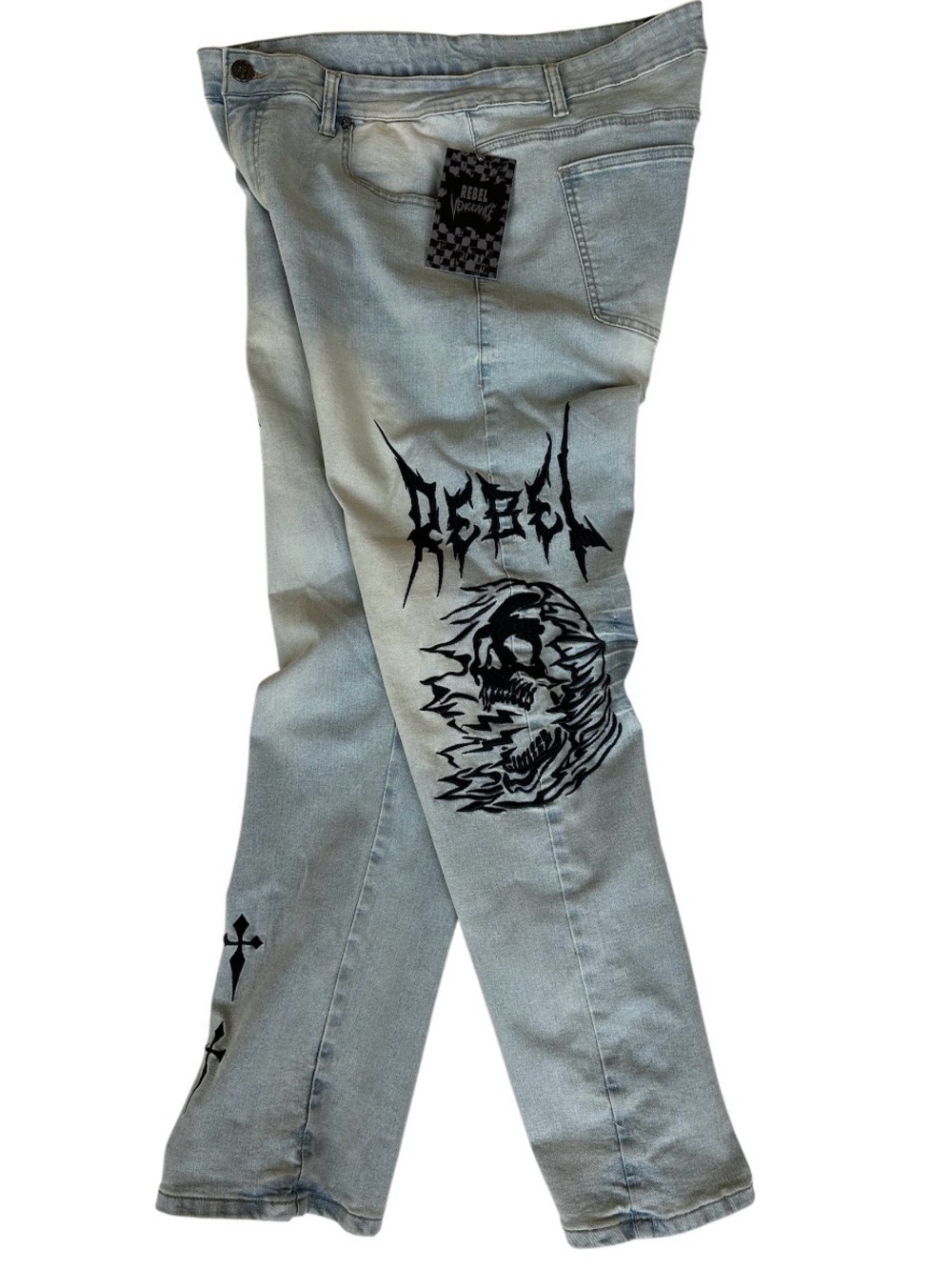 Rebel Vengeance Straight Men’s Jeans with Black Graphic Rock blue Light Wash